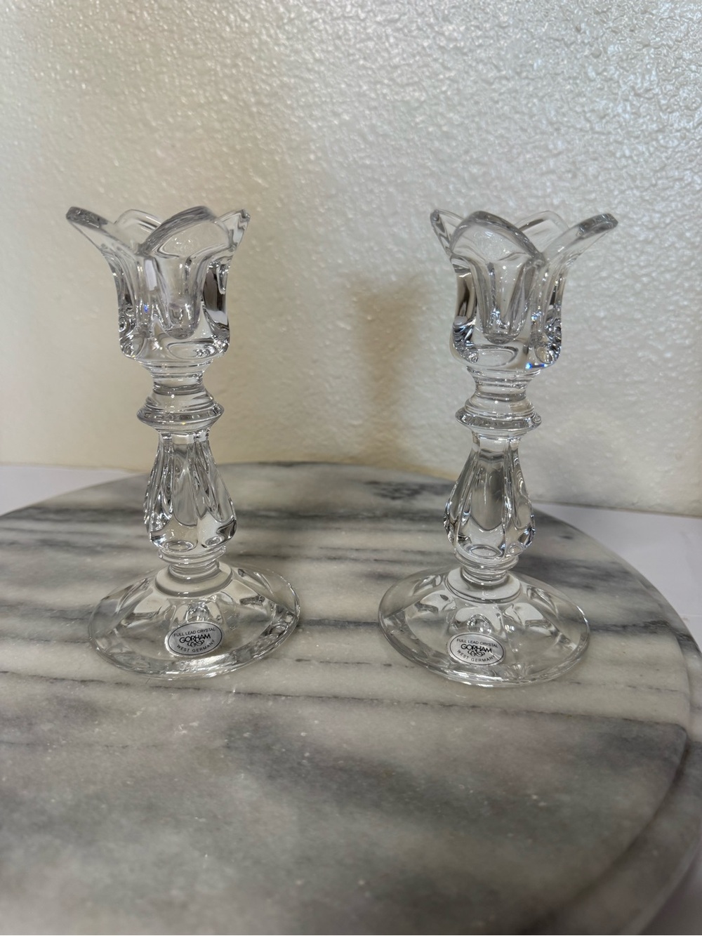 Gorham Clear Crystal Tulip-Top Candlestick Pair